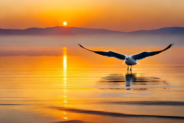 A bird flying over the water with the sun setting behind it.