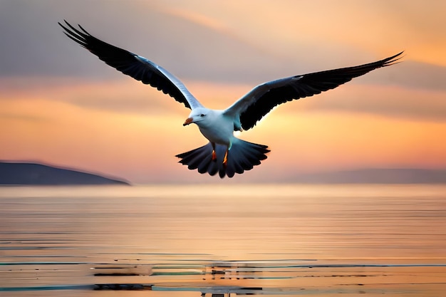 太陽が沈むと水の上を飛ぶ鳥