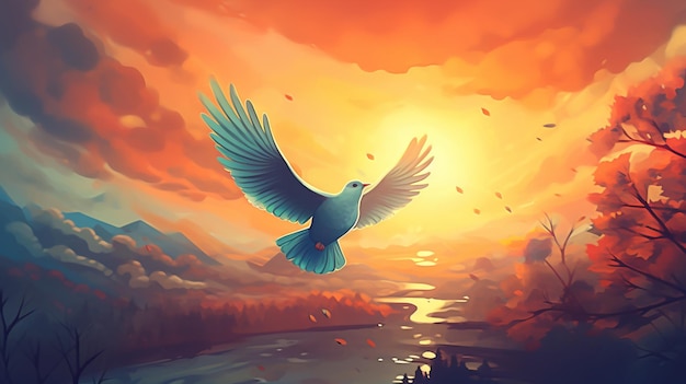 a bird flying over the water with a sunset background