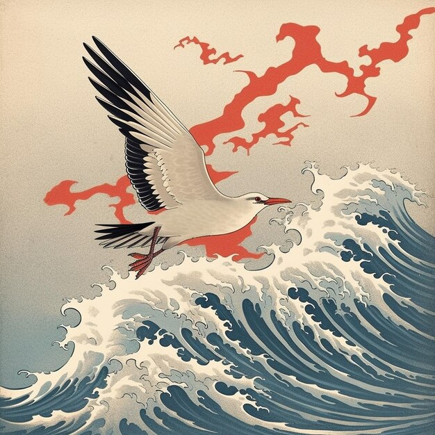 a bird flying over a wave that has red and white paint.