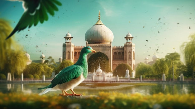 A bird in front of a mosque