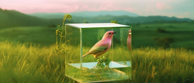 A bird in a glass box with a green background and a green field in the background.