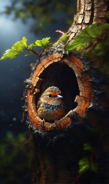 Photo a bird hides from bad weather in a hollow in a tree