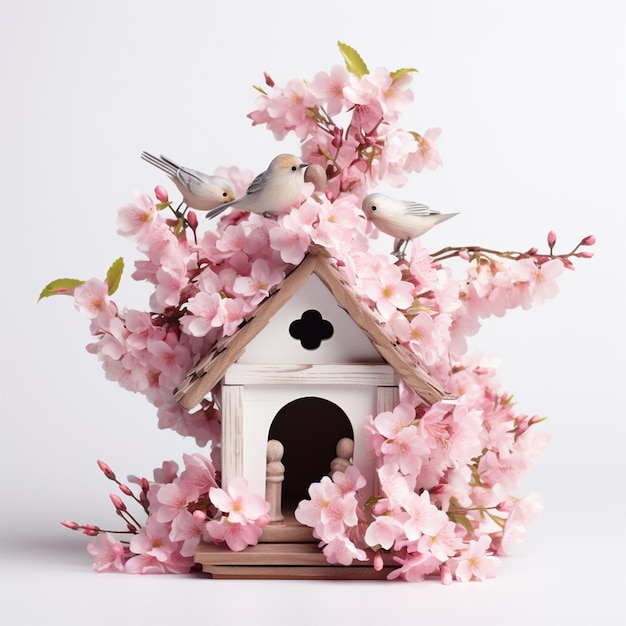 Foto decorazione della casa degli uccelli in rami fioriti isolare su bianco