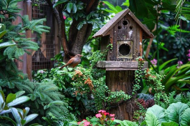 Bird house in garden attracts birds beautifies backyard