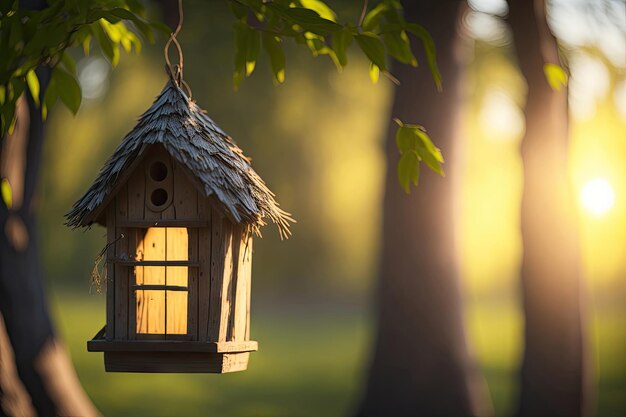 Птичий домик, висящий на ветке дерева, генеративный ИИ