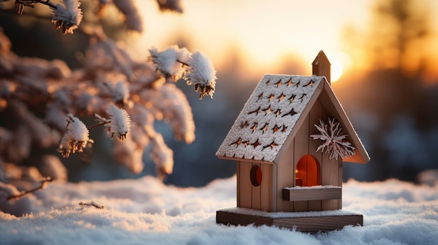 Птичий домик зимой Снежный птичий домик в зимнем лесу Зимний фон