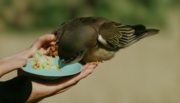 a bird is eating food from a plate with a person holding a plate