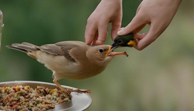 Foto un uccello sta mangiando da un piatto con una persona che tiene un uccello