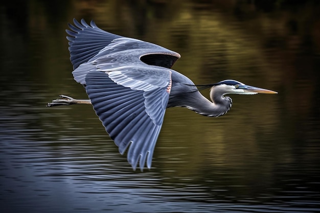 A bird is flying over the water and the wing is blue.