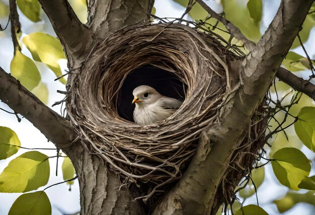 a bird is in a nest with a bird in it