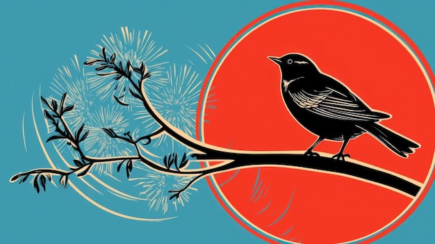 A bird is perched on a branch in front of an orange circle ai