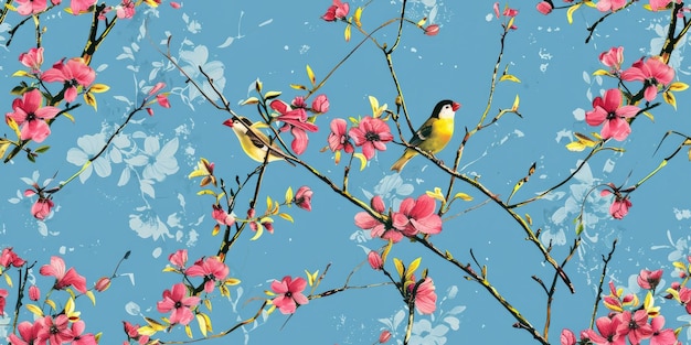 한 새가 뒷면에 꽃이 있는 나가지에 앉아 있다.