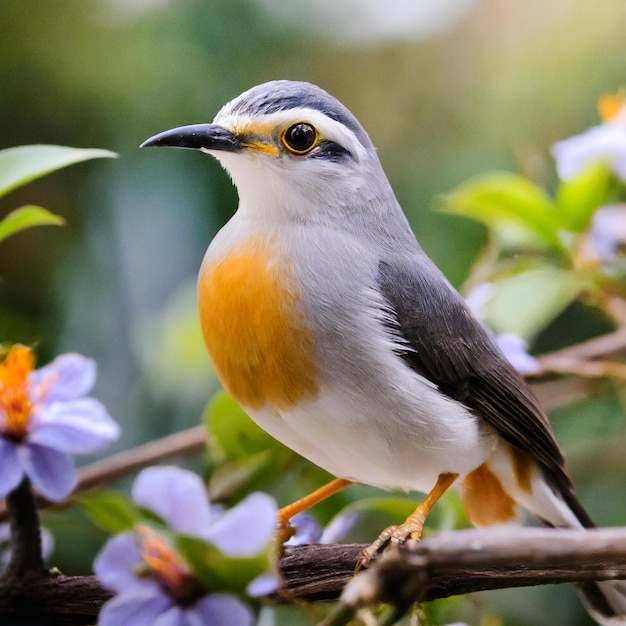 a bird is perched on a branch with purple flowers