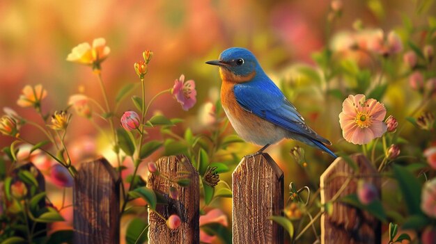 a bird is perched on a fence with flowers in the background