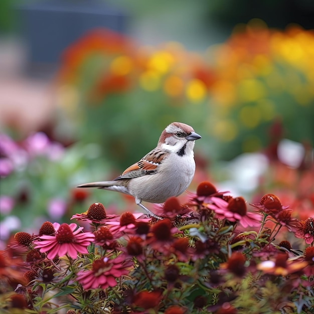 A bird is perched on a flower bed with a red flower in the background.