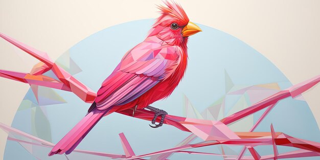 a bird is perched on a pink and red geometric design in the style of photorealistic accuracy