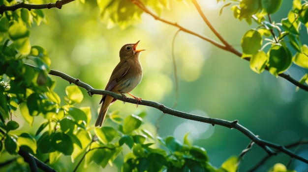 Bird is perched on tree branch singing