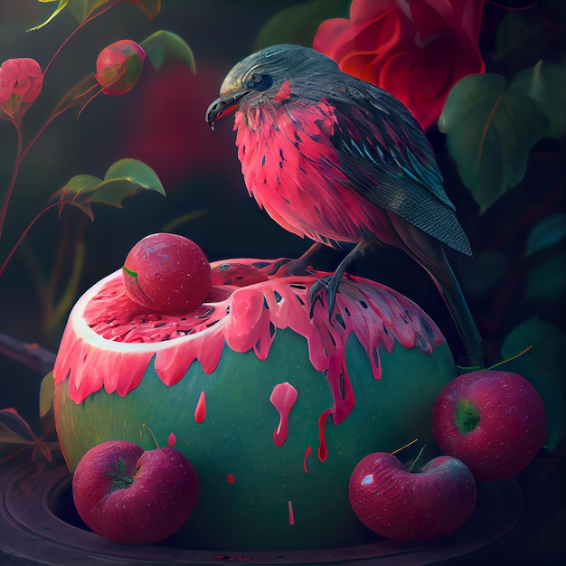 A bird is perched on a watermelon with apples on it.