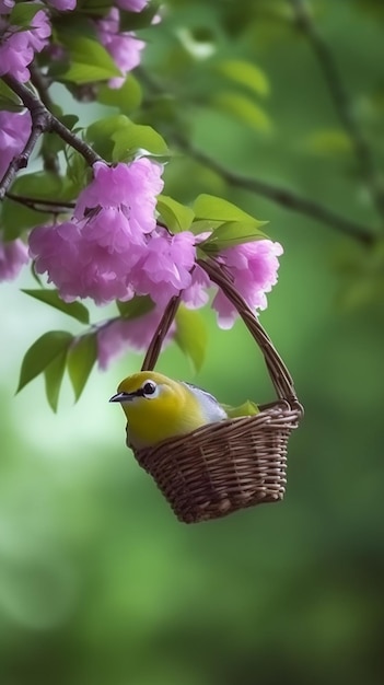 새 한 마리가 나뭇가지 위의 바구니에 앉아 있습니다.