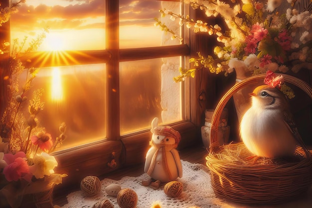 bird is sitting in a basket next to a window with a sunset in the background