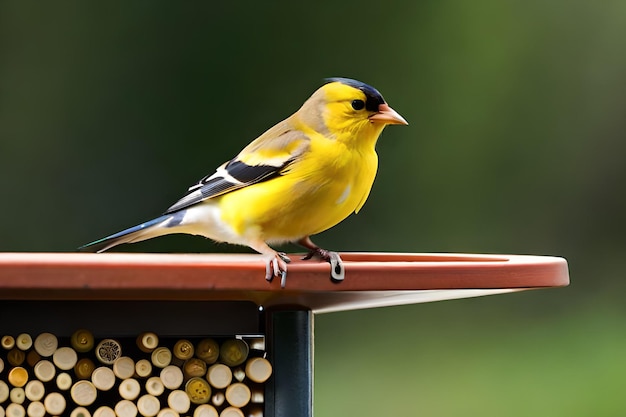 鳥が緑の背景の鳥の餌箱に座っています。