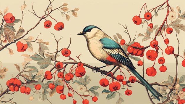 bird is sitting on a branch with berries and a few leaves old clip art