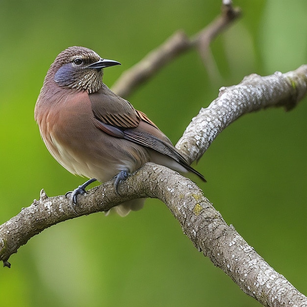 A bird is sitting on a branch with a green background.