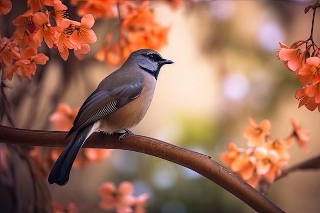 オレンジ色の花を背景に枝に鳥が止まっています。