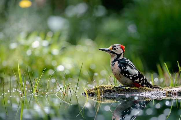 鳥が水の中の丸太の上に座っている