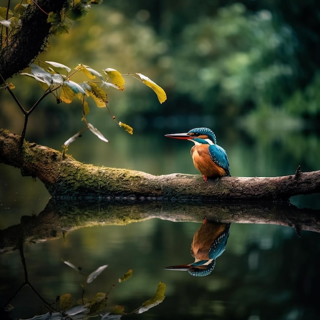 a bird is sitting on a log in the water.