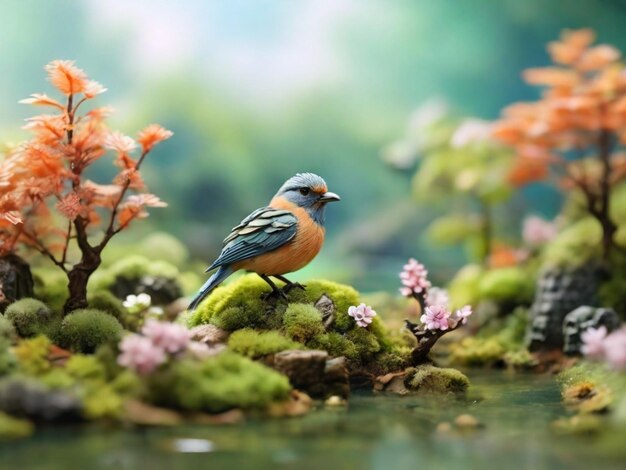 Photo a bird is sitting on a moss covered ledge with pink flowers