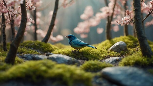 Photo a bird is sitting on a moss covered rock