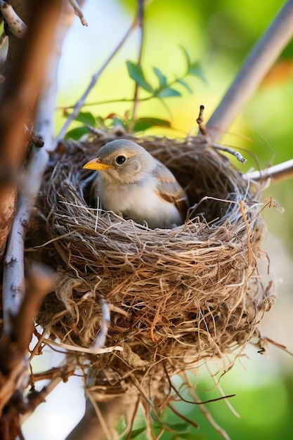 鳥が木の上の巣に座っています