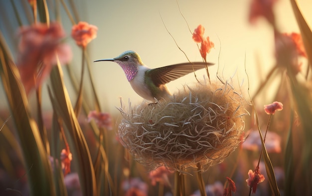 a bird is sitting in a nest with flowers in the background