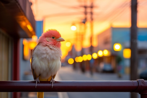 a bird is sitting on a railing at sunset