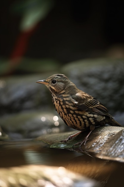 A bird is sitting on a rock in the water.