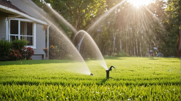 a bird is spraying water in the yard with a hose