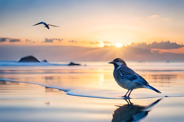 Photo a bird is standing on a beach with the sun setting behind it.