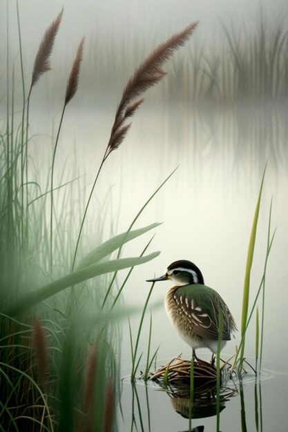 鳥が草の中の丸太の上に立っています。