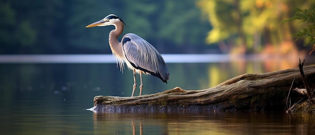 a bird is standing on a log in the water