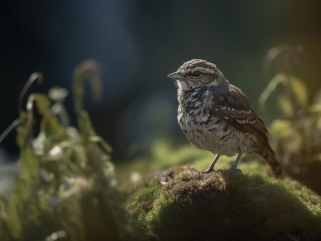 A bird is standing on a mossy surface with the sun shining on it