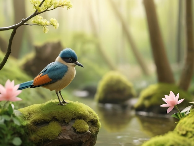 a bird is standing on a rock in the forest