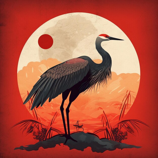 a bird is standing on a rock in front of a full moon.