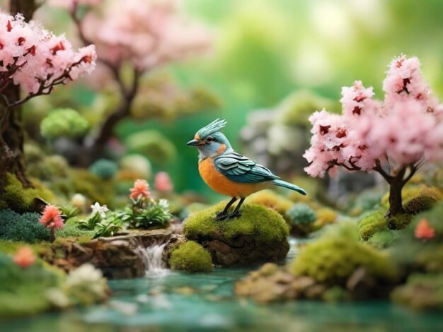Photo a bird is standing on a rock in front of pink flowers