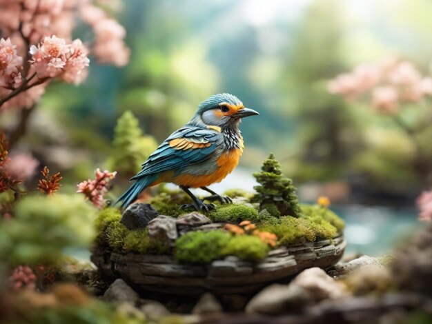 Photo a bird is standing on a rock with flowers in the background