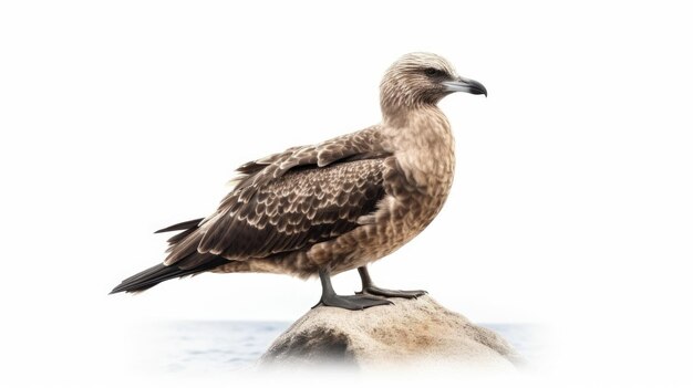 A bird is standing on a rock with the water in the background.