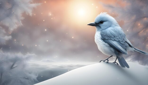 a bird is standing on a snowy hill and the sun is behind him