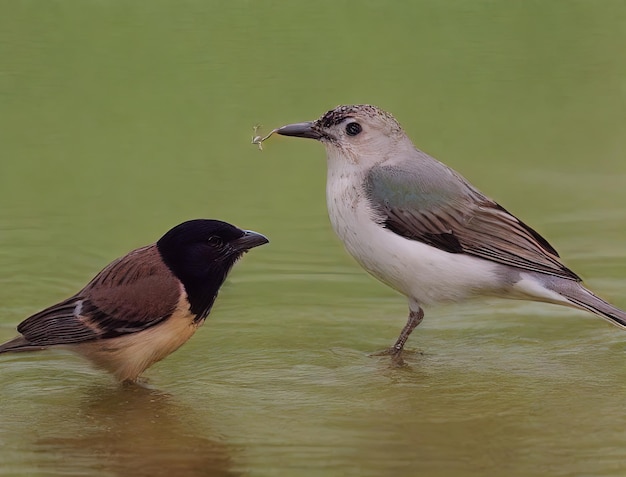 A bird is standing in the water and the bird is looking at another bird.