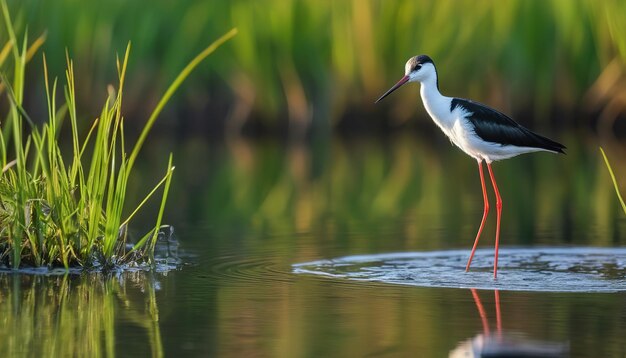 鳥が長い喙を持って水の中に立っています